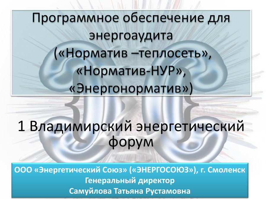 Первый слайд доклада «Программное обеспечение для энергоаудита»